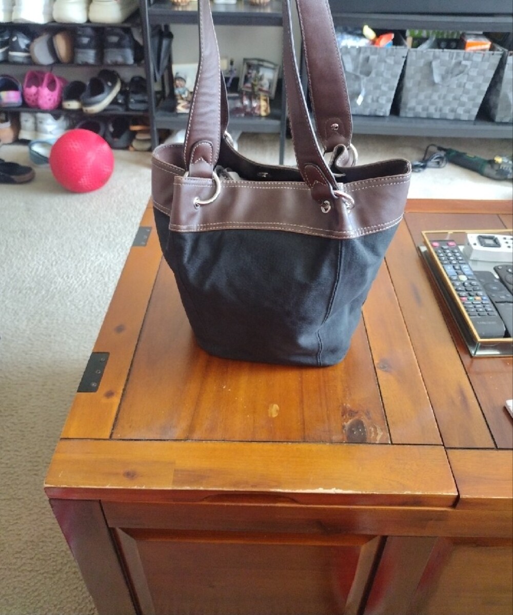 Wilsons Leather Vintage Black Canvas & Brown Leather Bucket Bag - Picture 5 of 13